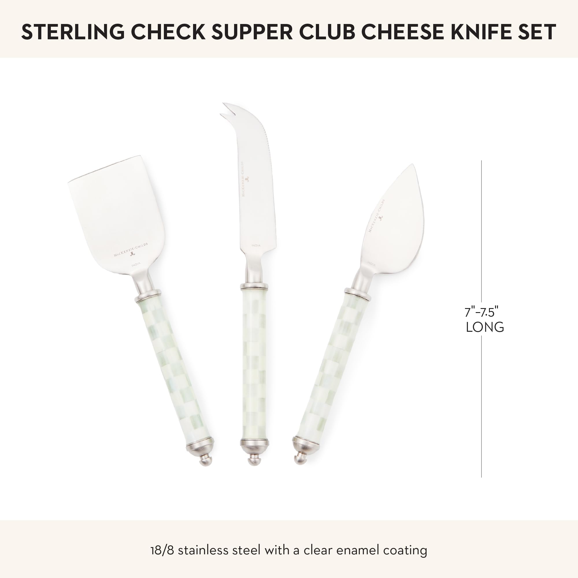 MACKENZIE-CHILDS Supper Club Cheese Knife Set, Stainless-Steel Cheese Slicers, Charcuterie Accessories, Set of 3, Gray-and-White Sterling Check