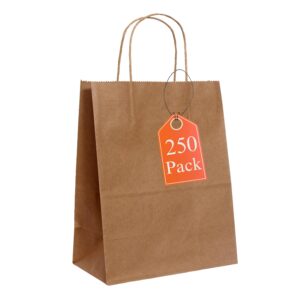 saan-pack brown paper bags with handles, 8" x 4.5" x 10.25", pack of 250, medium kraft paper bags, ideal as gift bags bulk, retail bags, merchandise bags, goody bags, wedding gift bag or to go bags