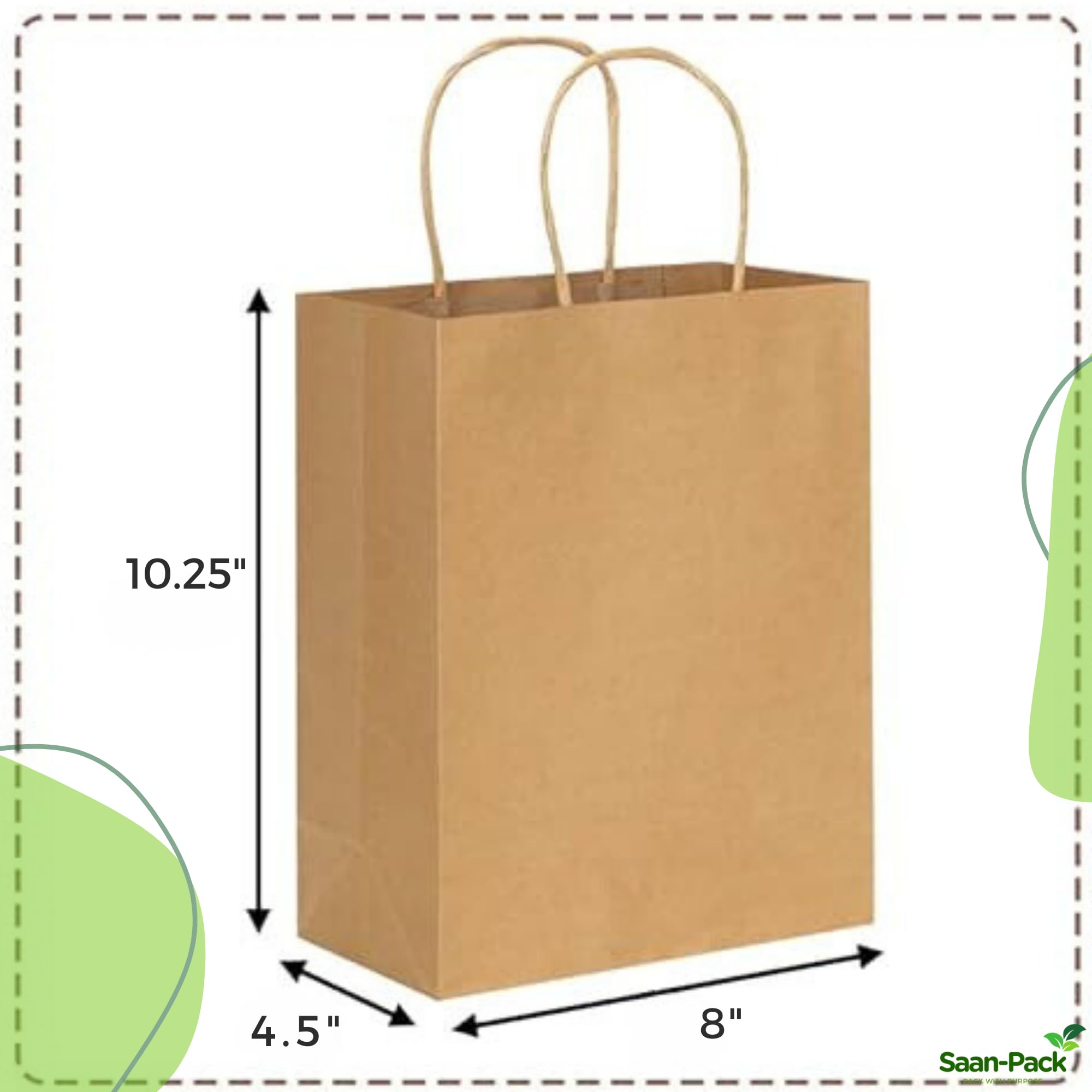 Saan-Pack Brown Paper Bags with Handles, 8" x 4.5" x 10.25", Pack of 250, Medium Kraft Paper Bags, Ideal as Gift Bags Bulk, Retail Bags, Merchandise Bags, Goody Bags, Wedding Gift Bag or To Go Bags