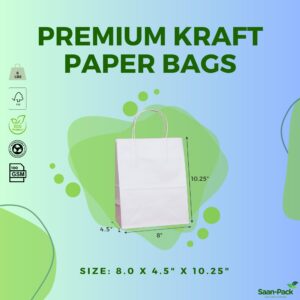 Saan-Pack Kraft Paper Bags with Handles 8"x4.5"x10.25", 25 Pack, White | Paper Gift Bag, Shopping Bag for Parties, Favors, Businesses