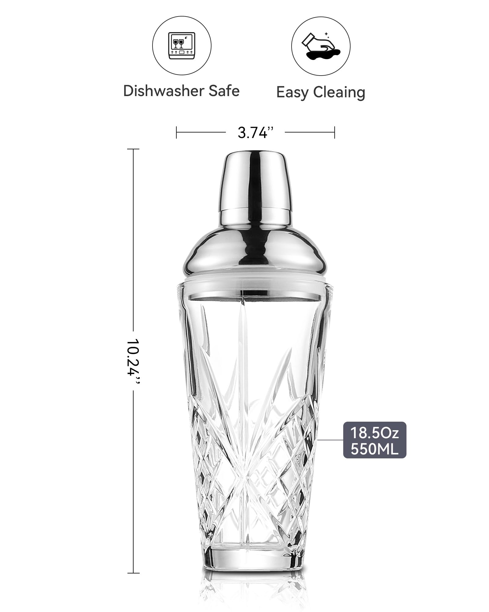 Fioance Glass Cocktail Shaker, 18.5oz Cutting Desgin Glass Shaker - Exquisite Martini Shaker for Elevated Mixology. Perfect for Crafting Artisan Cocktails, Martinis