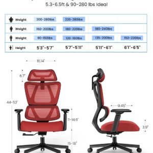 ProtoArc Ergonomic Office Chair with 30% Thicker Saddle Shaped Spring Cushion, Adaptive Lumbar Support, Big and Tall Mesh Chair with Headrest for Home Office, Desk Chair with Wheels EC100 (Red)