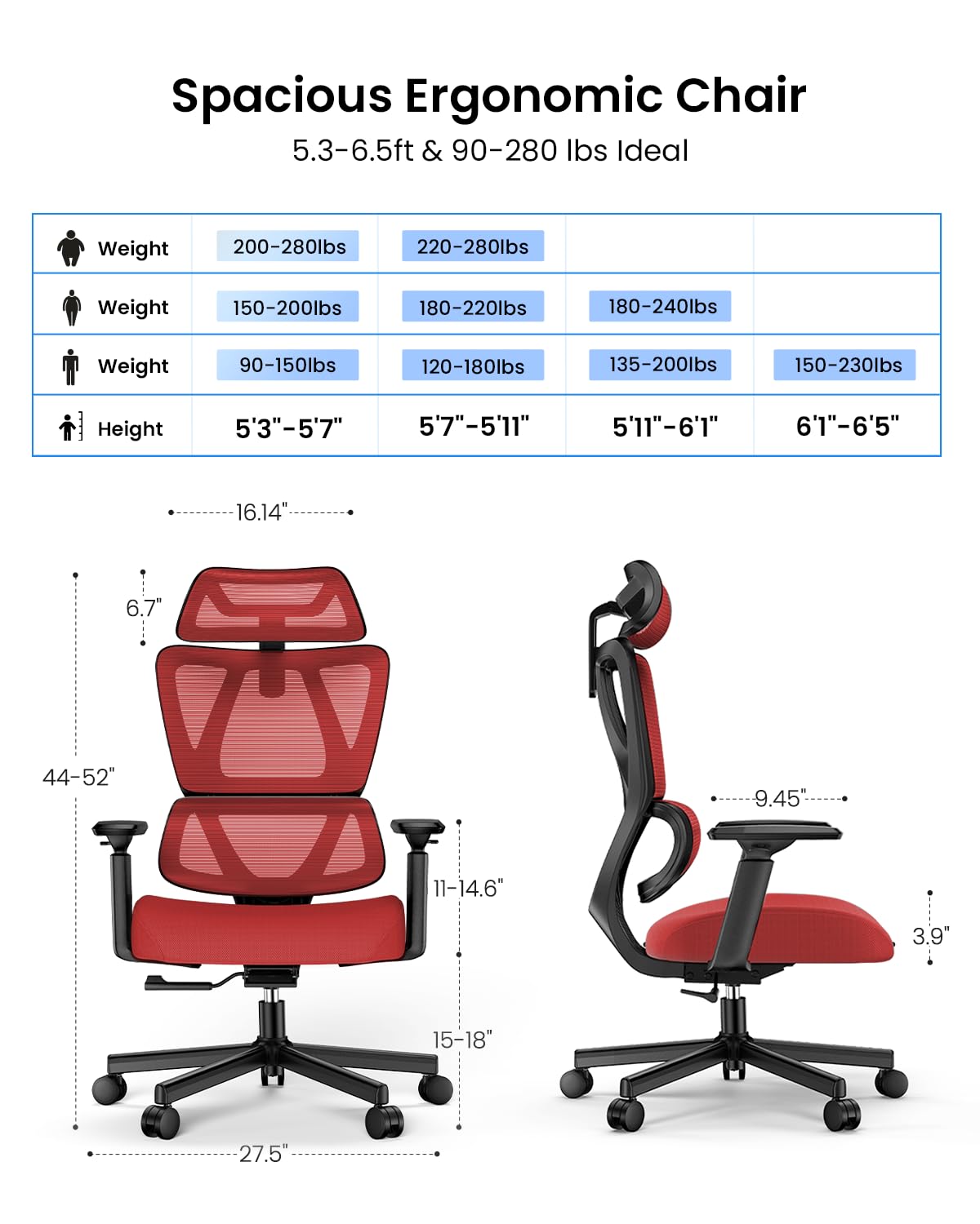 ProtoArc Ergonomic Office Chair with 30% Thicker Saddle Shaped Spring Cushion, Adaptive Lumbar Support, Big and Tall Mesh Chair with Headrest for Home Office, Desk Chair with Wheels EC100 (Red)