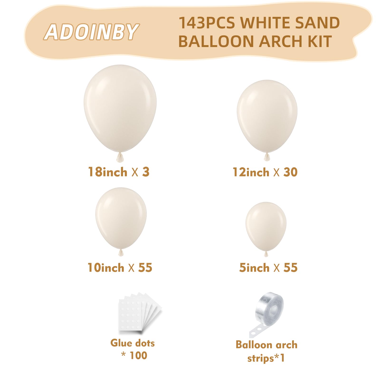 ADOINBY White Sand Balloon Arch Kit, 143Pcs Sand White cream beige Latex Balloon Garland kit, 18 12 10 5 Inch Different Size Balloons for Birthday Baby Shower Wedding Boho Party Decorations Supplies