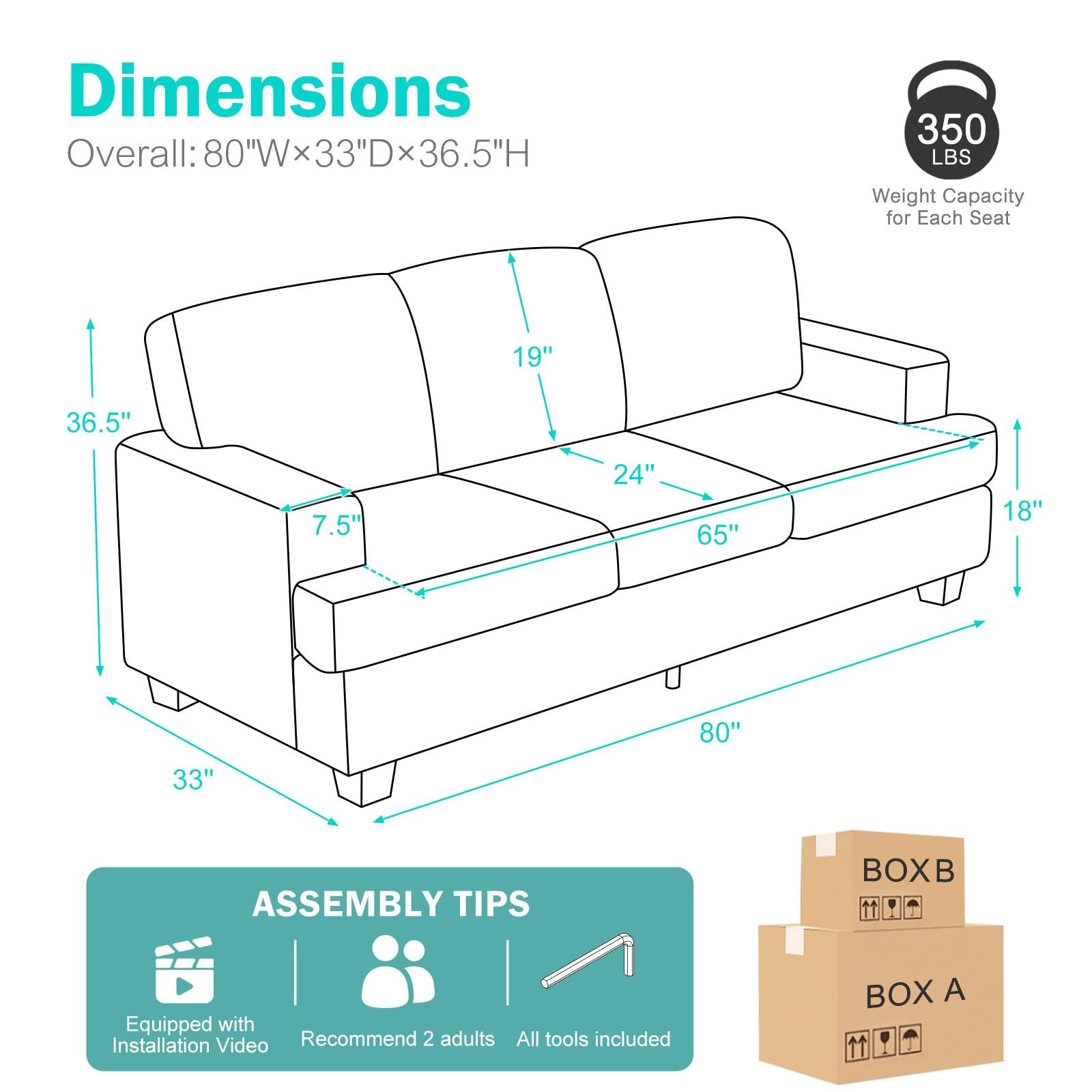 SENYUN 3-Seater Sofa Couch，Comfy Couch with Upholstered Cushions & Square Armrest,Modern Sofa with Deep Seats, Bouclé Home Sofa Couches for Living Room,Apartment,Bedroom,Office(Grey)