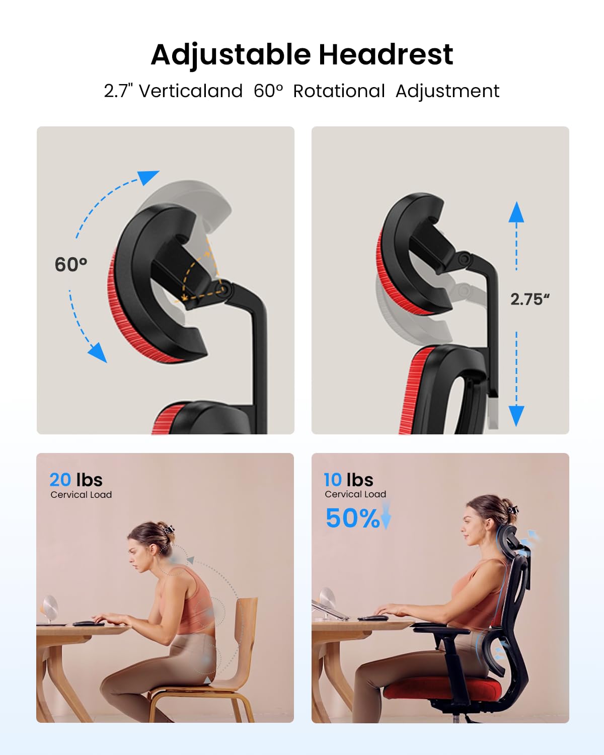 ProtoArc Ergonomic Office Chair with 30% Thicker Saddle Shaped Spring Cushion, Adaptive Lumbar Support, Big and Tall Mesh Chair with Headrest for Home Office, Desk Chair with Wheels EC100 (Red)