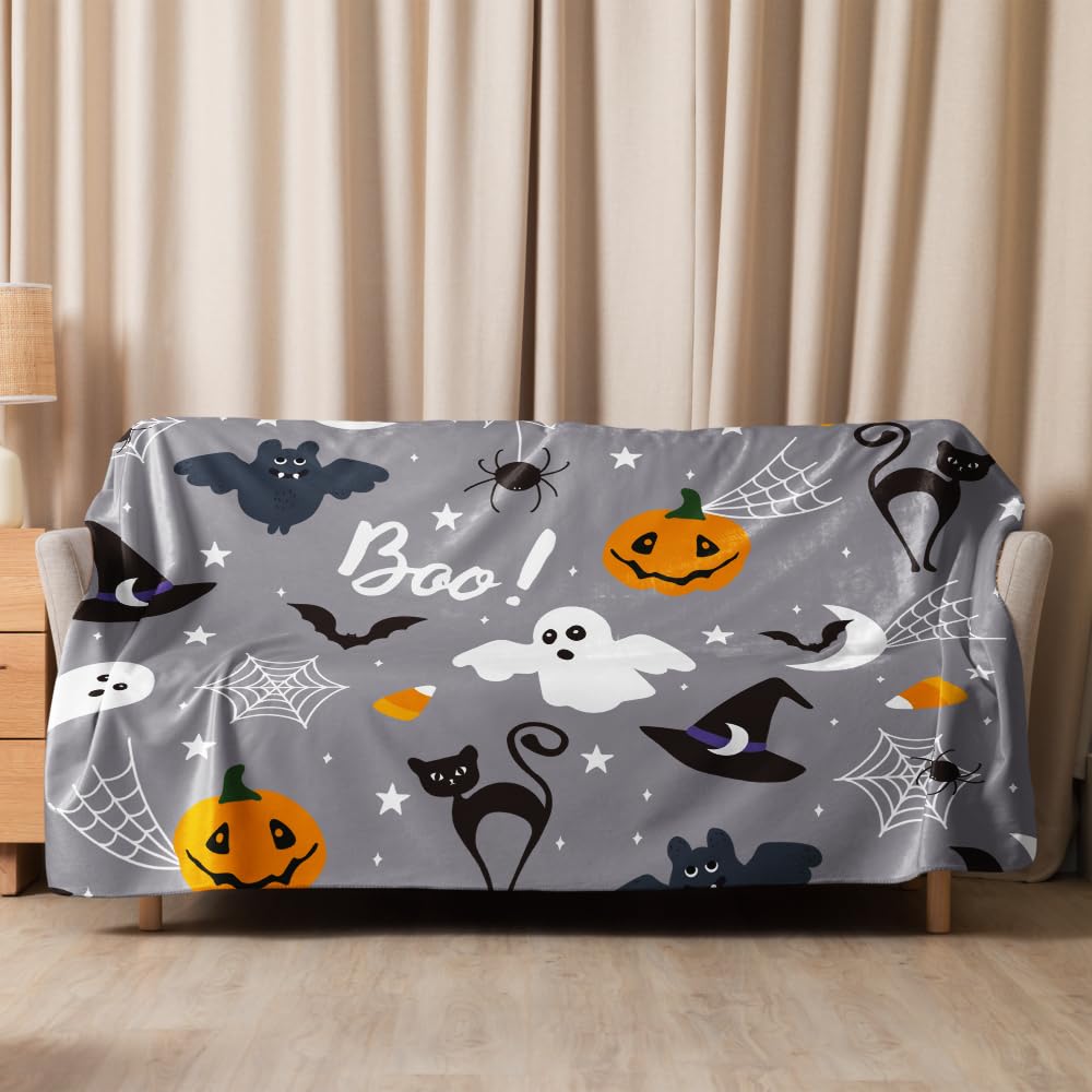 Halloween Throw Blanket Grey Fleece Flannel Fuzzy Bed Throws Soft Cozy Lightweight Blanket for Couch Sofa Travel Chair Cartoon Halloween Festival Themed Room Decor Boys Kids Girl Gifts 50"x60"