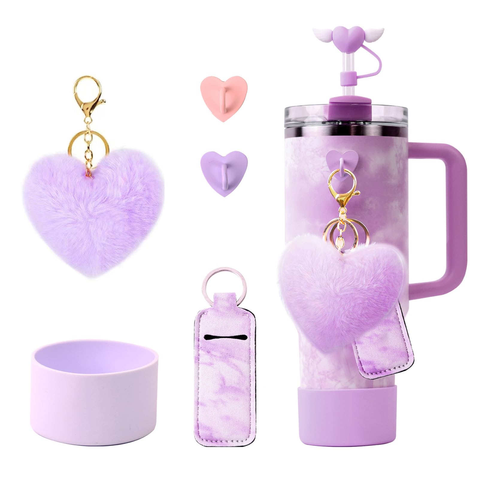 6 PCS Cup Accessories Set for Stanley 40oz & 30oz Tumbler.Including Silicone Boot,Straw Cover Cap,Heart Hook,Lipstick Bag and Heart Pompom (Purple)