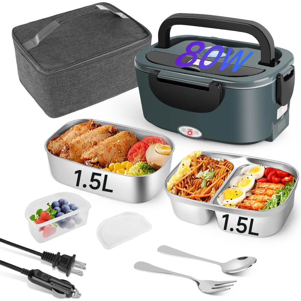 IXIIE Electric Lunch Box 80W Food Warmer for Work, 12V/24V/110V Portable Lunch Warmer for Adults with 2-Pack Stainless Steel Containers, Heated Lunch Box for Car/Truck/Office/Outdoors (Grey+Black)