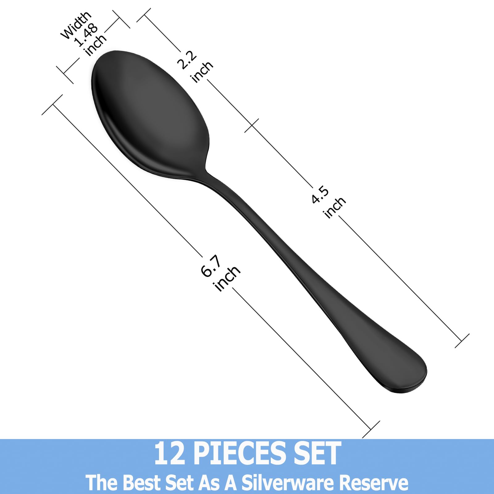 12 Piece Black Dessert Set,Food Grade Stainless Steel Tea Spoons,Durable Small Spoons,Metal Dessert Spoon,Spoons Silverware for Home,Kitchen or Restaurant,Mirror Polished & Dishwasher Safe,6.7-Inch