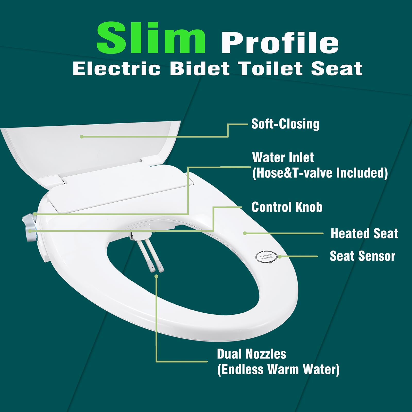 Tataware Electric Bidet Toilet Seat, Fits Elongated Toilet and Easy Installation, Instant Warm Water for Rinsing, Self-clean Dual Nozzle, Heated Seat with Soft Close Lid, Night Light, Slim Profile