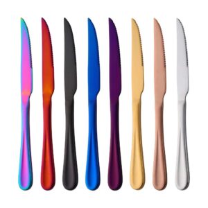 teahaha steak knife set,stainless steel steak knives set of 8,sharp serrated steak knife for kitchen restaurant party,9 inches meat knife set, dinner knife,mix colors