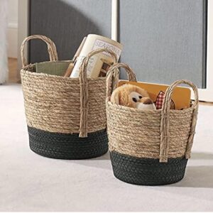 Generic Set of 2 Jute Cylinder Baskets with Handles, 12 x 12 and 8 x 8 inches, Beige and Black, 78654