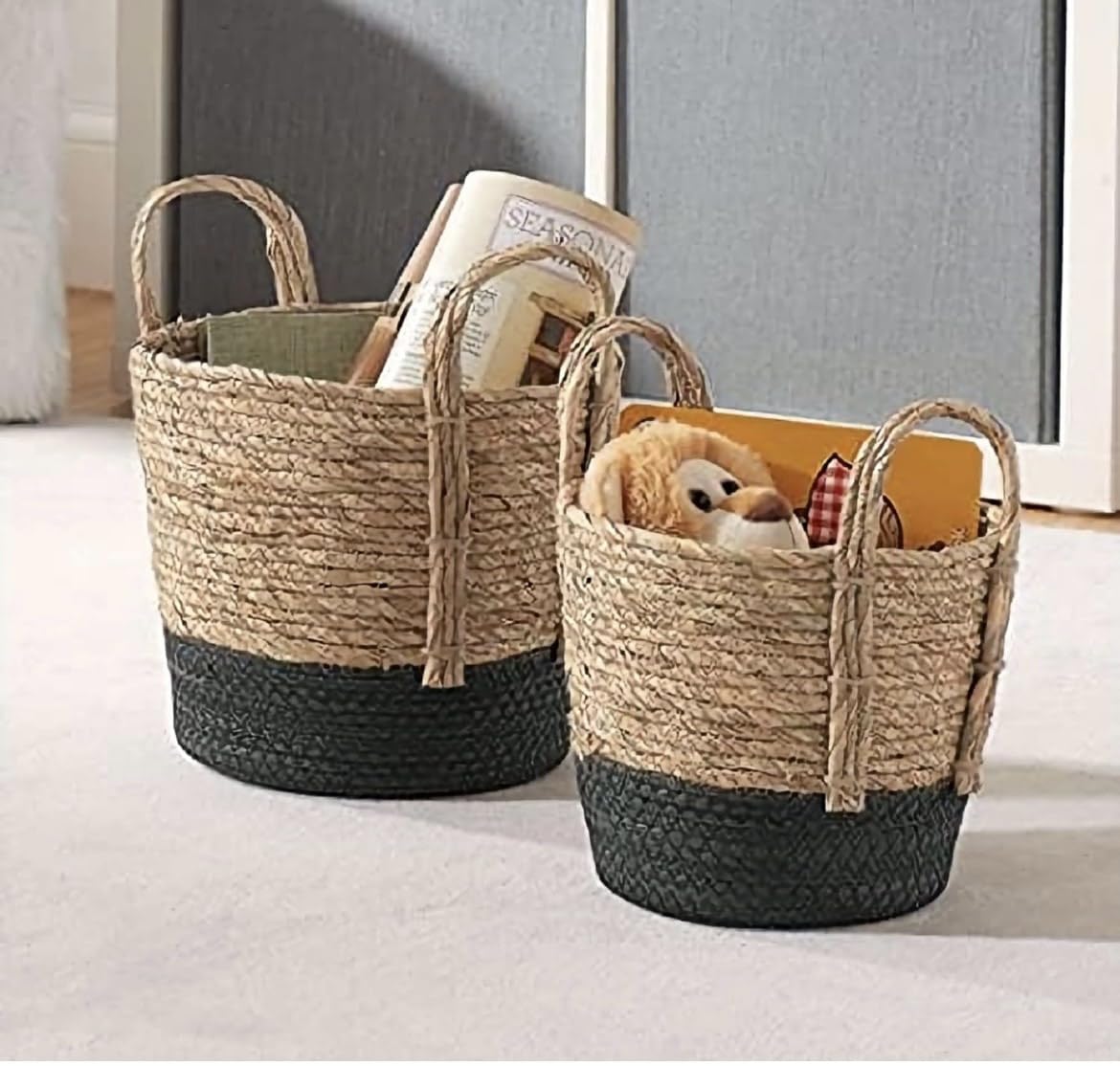 Generic Set of 2 Jute Cylinder Baskets with Handles, 12 x 12 and 8 x 8 inches, Beige and Black, 78654