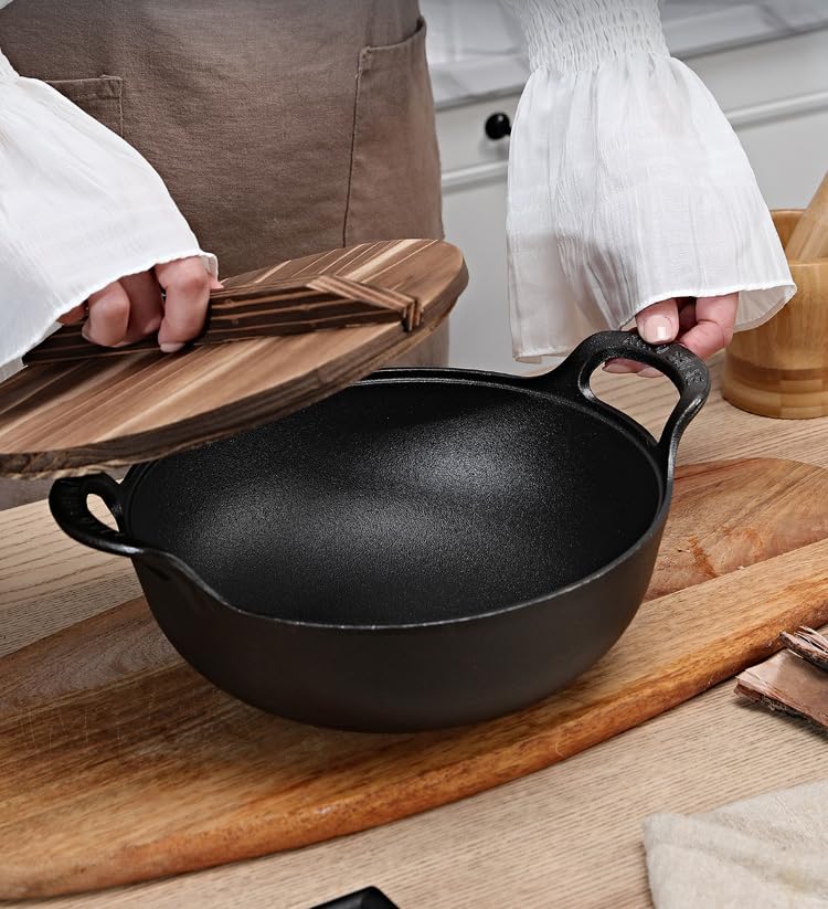 VONOTO Cast Iron Wok with Handles, Pre-seasoned Cast Iron Grilling Wok, Use in the Oven, on the Stove, or on the Grill (8 inch)