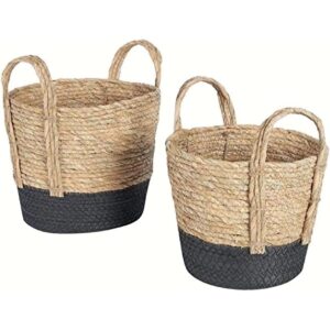 Generic Set of 2 Jute Cylinder Baskets with Handles, 12 x 12 and 8 x 8 inches, Beige and Black, 78654