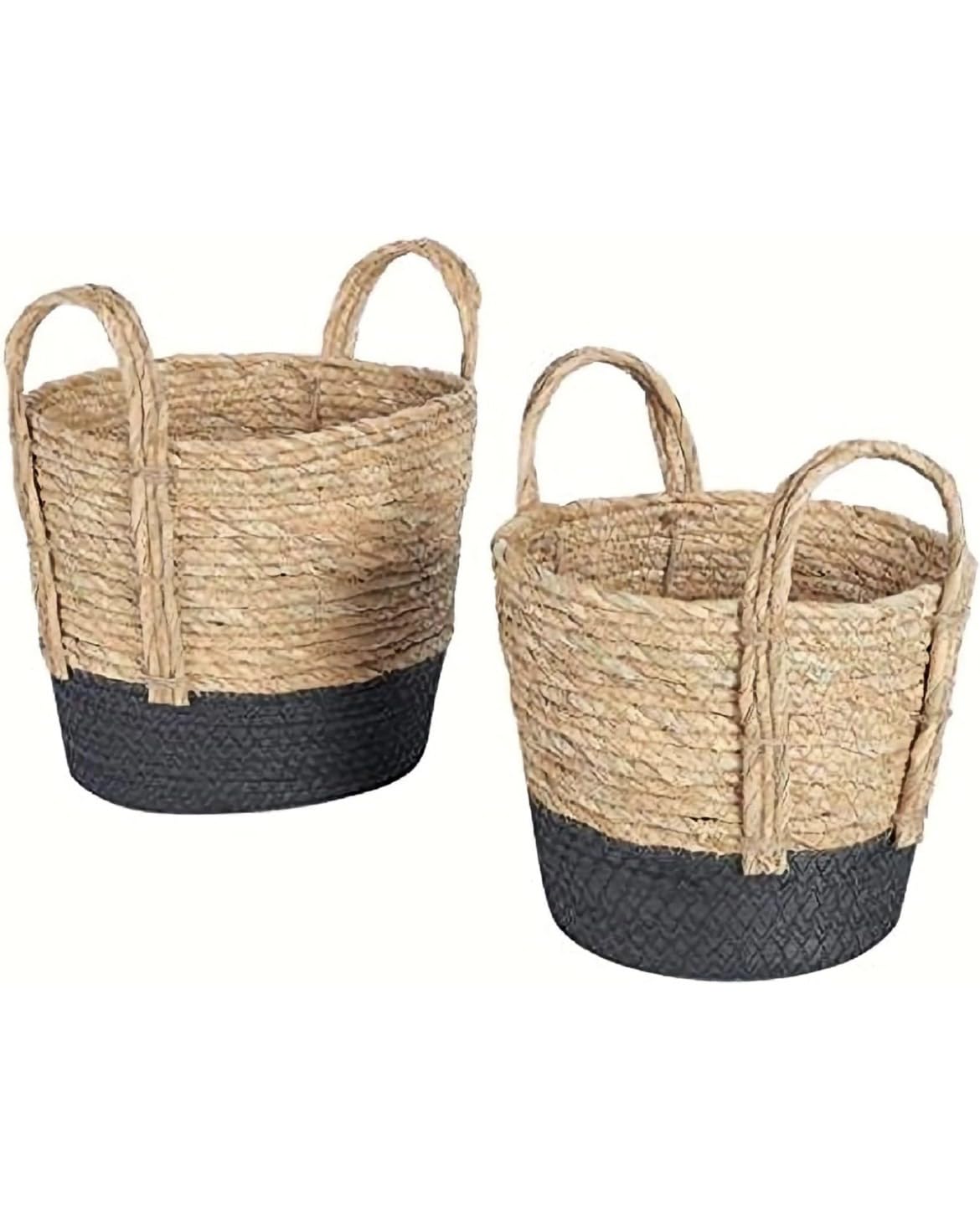 Generic Set of 2 Jute Cylinder Baskets with Handles, 12 x 12 and 8 x 8 inches, Beige and Black, 78654