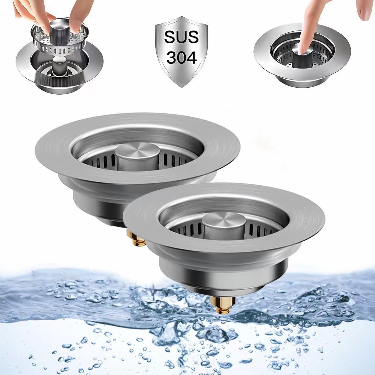 2 Pcs 3 in 1 Kitchen Sink Drain Strainer,Stainless Steel & Brass Pop Up Sink Stopper,for Us Standard 3-1/2 Inch Sink Bounce Core Drain Strai