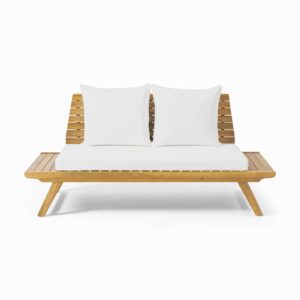 Christopher Knight Home Sedona Outdoor Acacia Wood 6 Seater Chair Loveseat Cushions Chat Patio Furniture Conversation Sets with Coffee Table, 37 "W x 28.25 "D x 29.5 "H, Teak + White