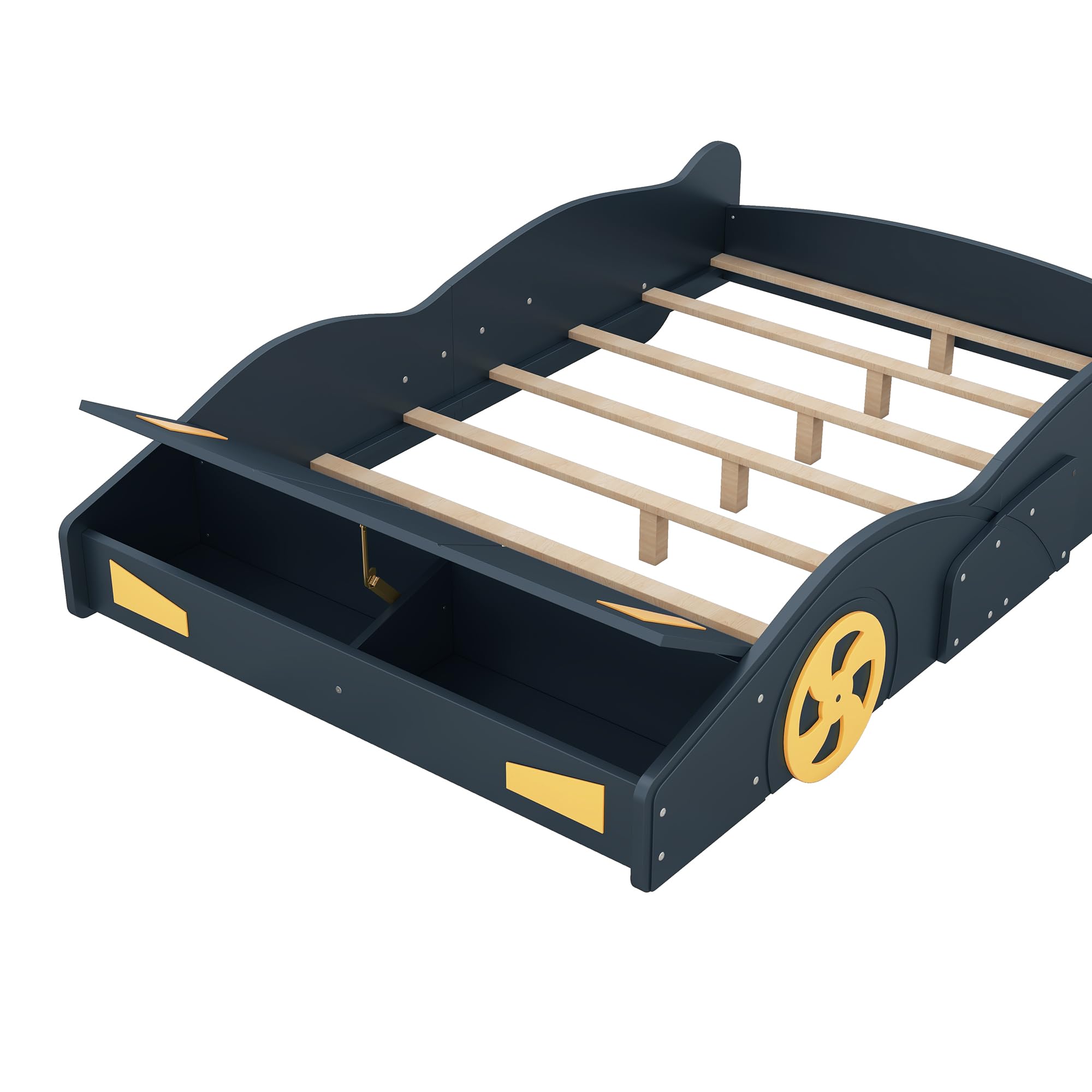 Acosure Full Size Race Car-Shaped Platform Bed with Wheels,Wooden Car Bedframe W/Storage Space,No Box Spring Required,for Boys Toddlers Kids Child's Bedroom,Dark Blue+Yellow