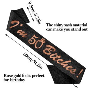 50th Birthday Decoration Sash I'm 50 Bitches! for Women Black Glitter with rose gold roil Letters for he or her, 50 & Fabulous Birthday Sash, 50th Birthday Sash Birthday Party Favors Decorations Gifts