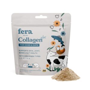 fera pet organics collagen plus cat & dog food topper – vet created support for pet joints, skin, bone & immune system with collagen + vitamin c – powder supplement - 4.23oz