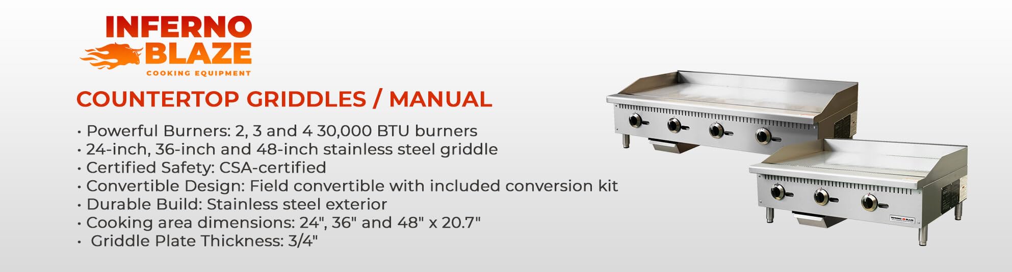 Inferno Blaze IB-CTG-36M 36” Wide Countertop Commercial Griddle with Manual Controls 90,000 BTU - CSA Certified, Stainless Steel Exterior Flat Cooking Griddle - Perfect for Commercial Kitchens