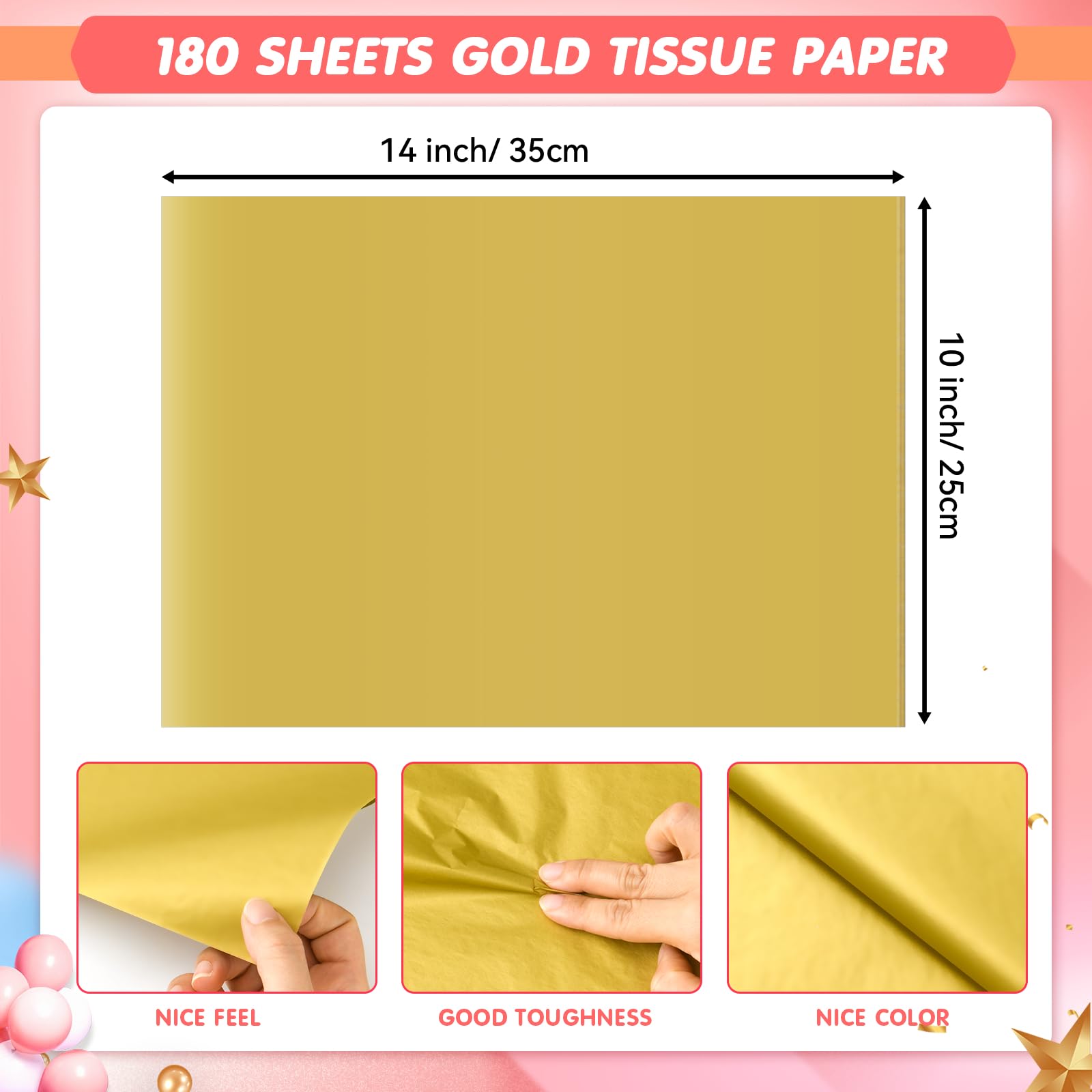 Hlonon 180 Sheets Gold Tissue Paper for Gift Bags - 10 x 14 Inches Recyclable Gold Wrapping Tissue Packaging Paper Bulk for Weddings Birthday DIY Project Christmas Gift Wrapping Crafts Decor