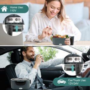 IXIIE Electric Lunch Box 80W Food Warmer for Work, 12V/24V/110V Portable Lunch Warmer for Adults with 2-Pack Stainless Steel Containers, Heated Lunch Box for Car/Truck/Office/Outdoors (Grey+Black)