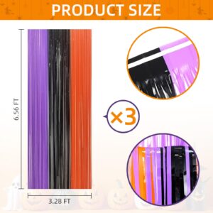 Ohiyoo Halloween Foil Fringe Curtains 3 Pack 3.3 X 6.6 ft Black Purple Orange Fringe Curtains Halloween Party Photo Backdrop Streamer Backdrop for Birthday Halloween Party Decoration (Style B)