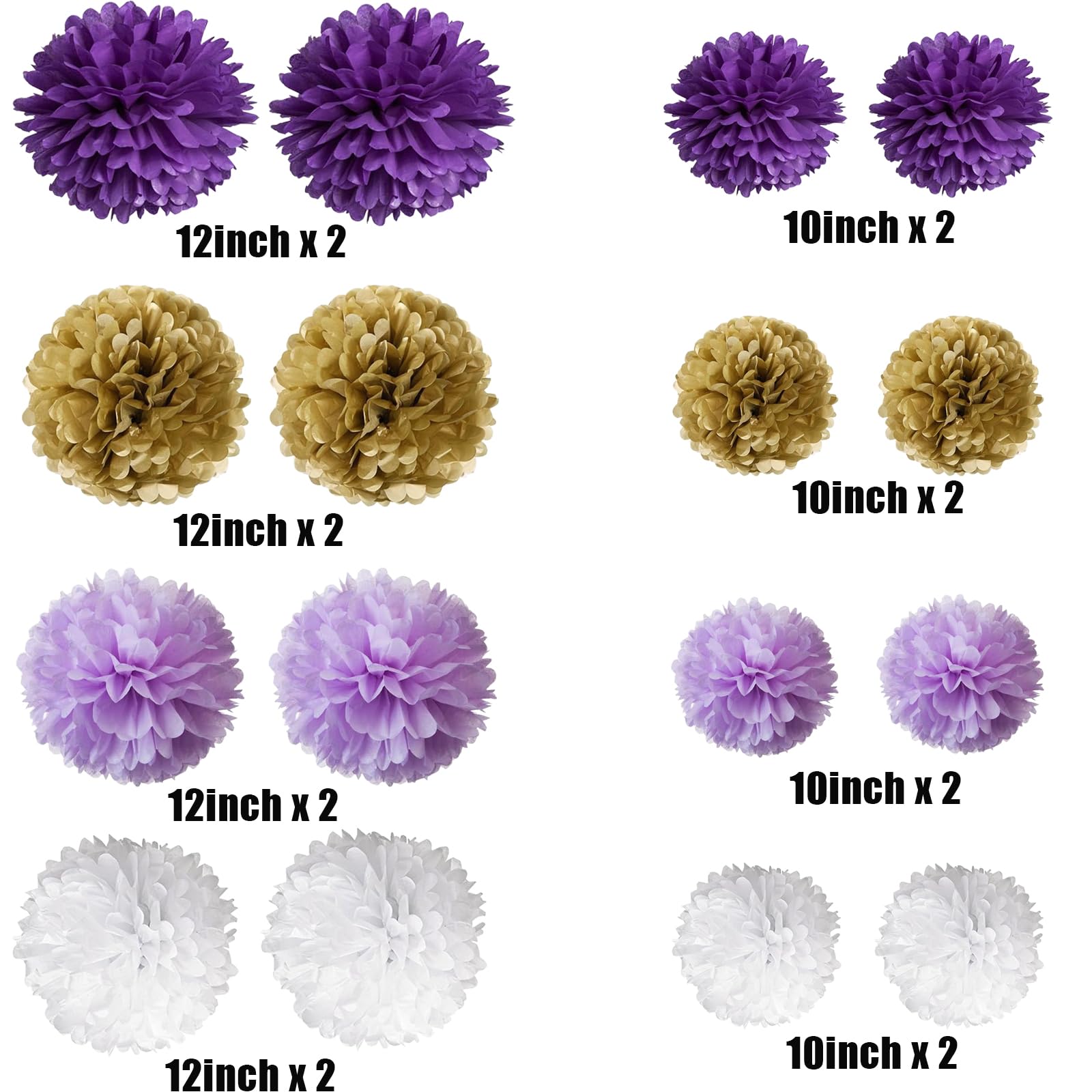 16 Pcs Gold Purple Lavender and White Tissue Pom Poms Kit, Tissue Paper Flowers for Birthday, Graduation Party, Bridal Shower Festival Decorations