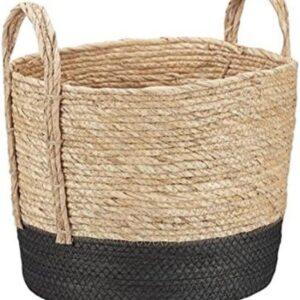 Generic Set of 2 Jute Cylinder Baskets with Handles, 12 x 12 and 8 x 8 inches, Beige and Black, 78654