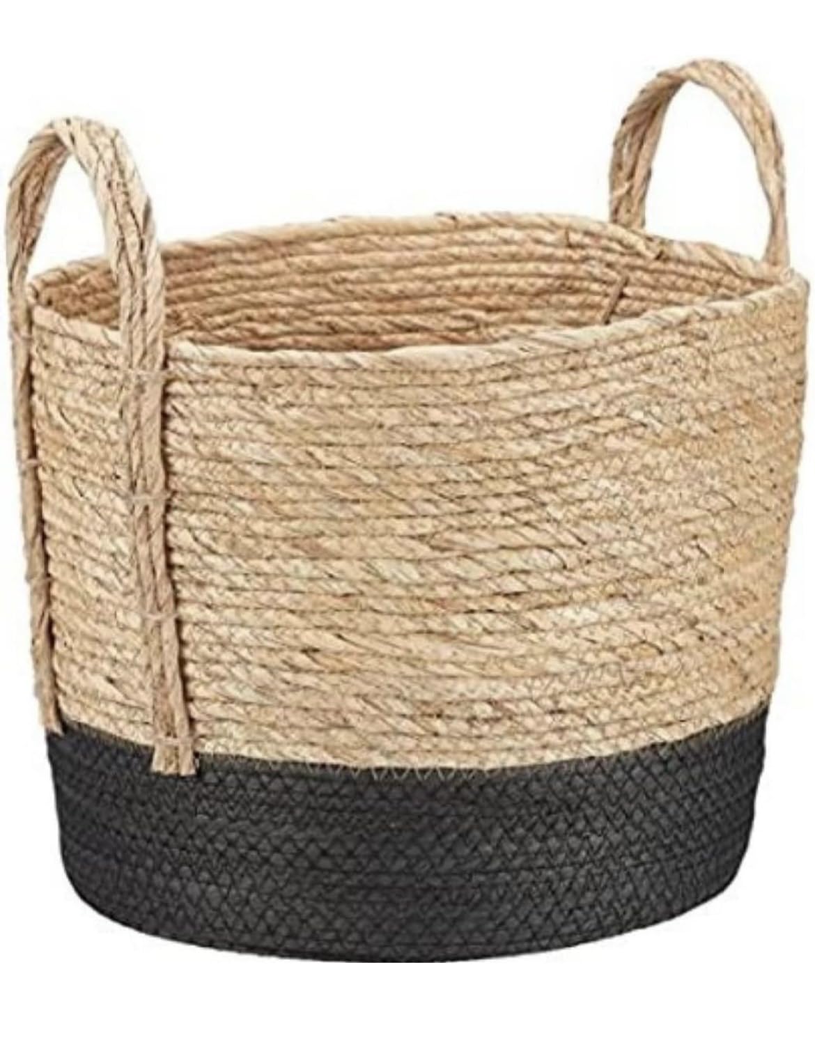 Generic Set of 2 Jute Cylinder Baskets with Handles, 12 x 12 and 8 x 8 inches, Beige and Black, 78654