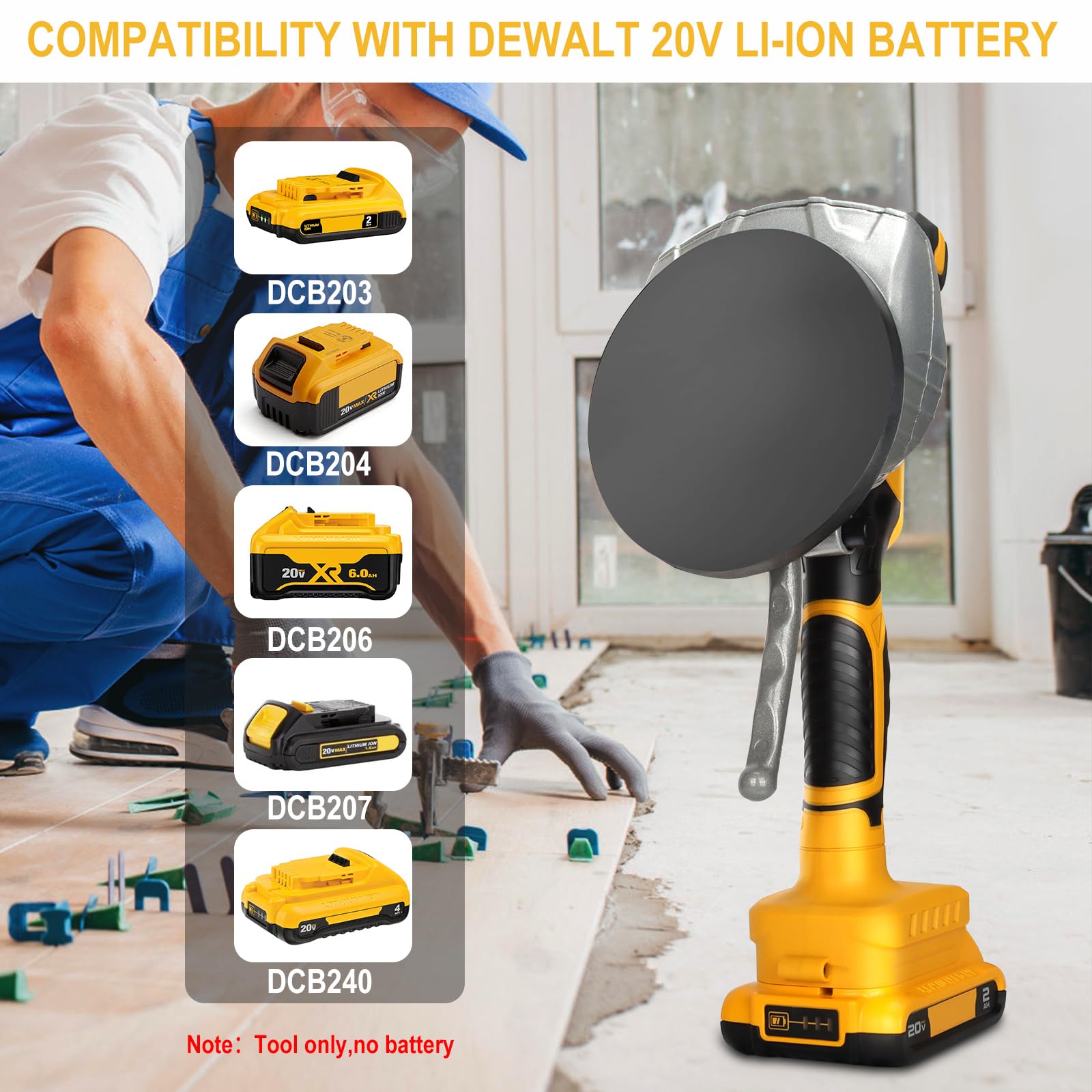 Tile vibration tool for Dewalt 20V Battery, CordlessTile Vibration Leveling Machine with Brushless Motor and 4mm shafts,150 W tile vibrator with 8 Adjustable Speed, 5'' Suction Cup, LCD Display