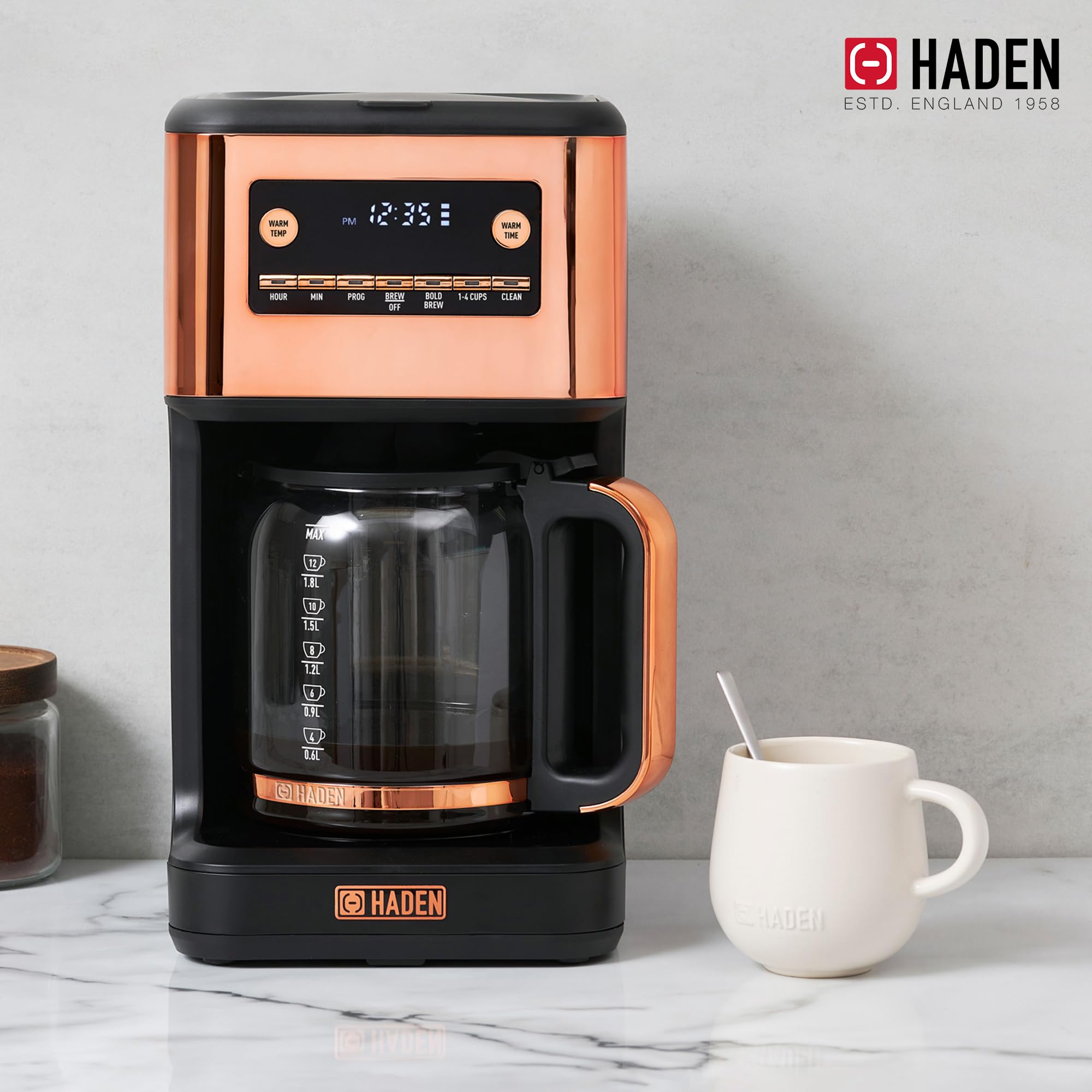 HADEN Generous Brew 14 Cup Coffee Maker with 120 Minute Keep Warm, Delay Brew, Adjustable Strength, Programmable Clock, and Anti Drip, Black/Copper