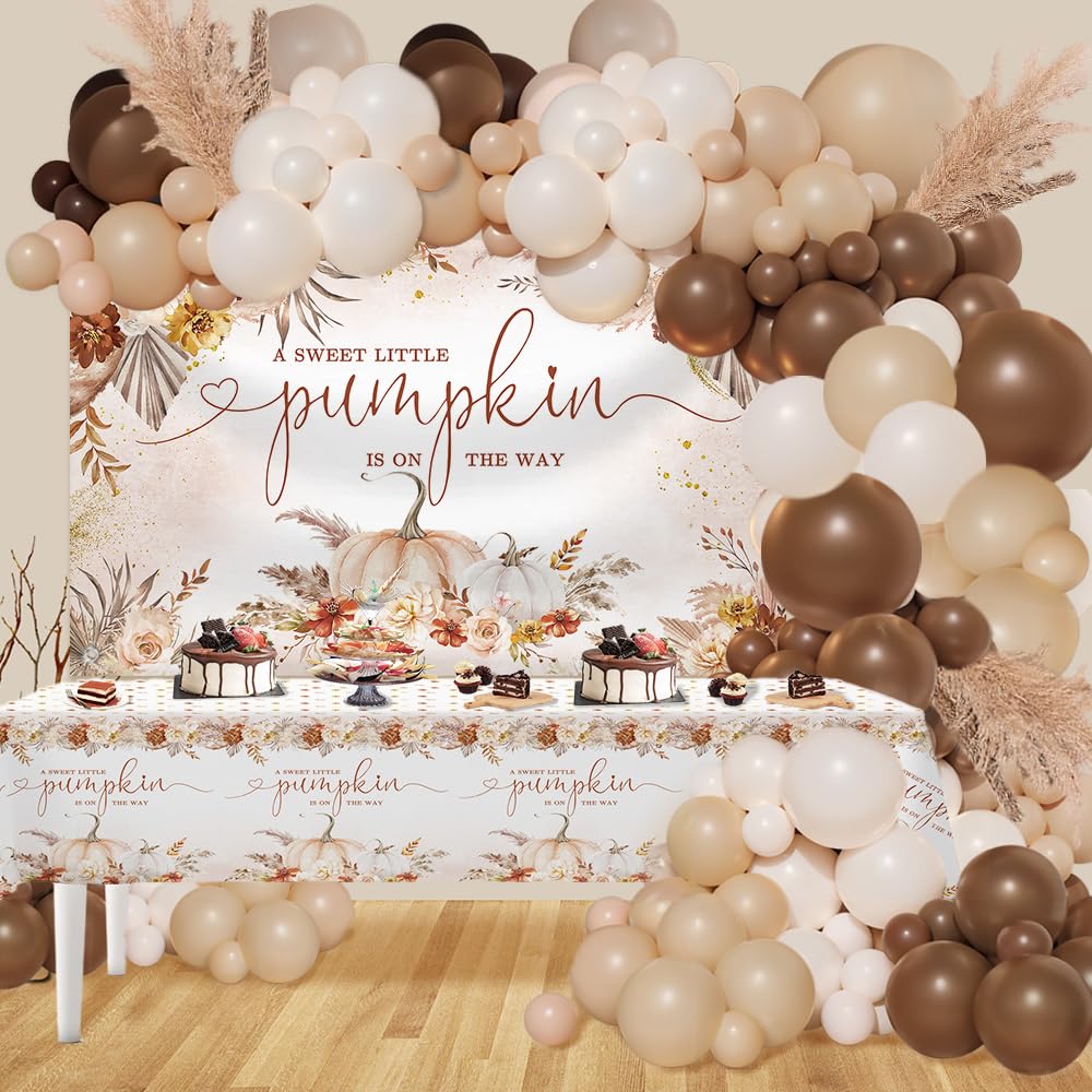 MEHOFOND Boho Little Pumpkin Baby Shower Party Decorations Set with Pumpkin Tablecloth 158PCS Bohemia Gender Neutral Balloons Garland Arch Kit a Little Pumpkin Is on the Way Blush Pink Floral Banner