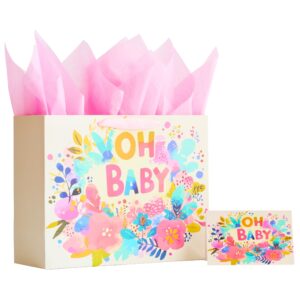 fenkon 13'' large baby girl gift bag for baby shower birthday with tissue paper and greeting card, flowers oh baby (babypink, 13'')