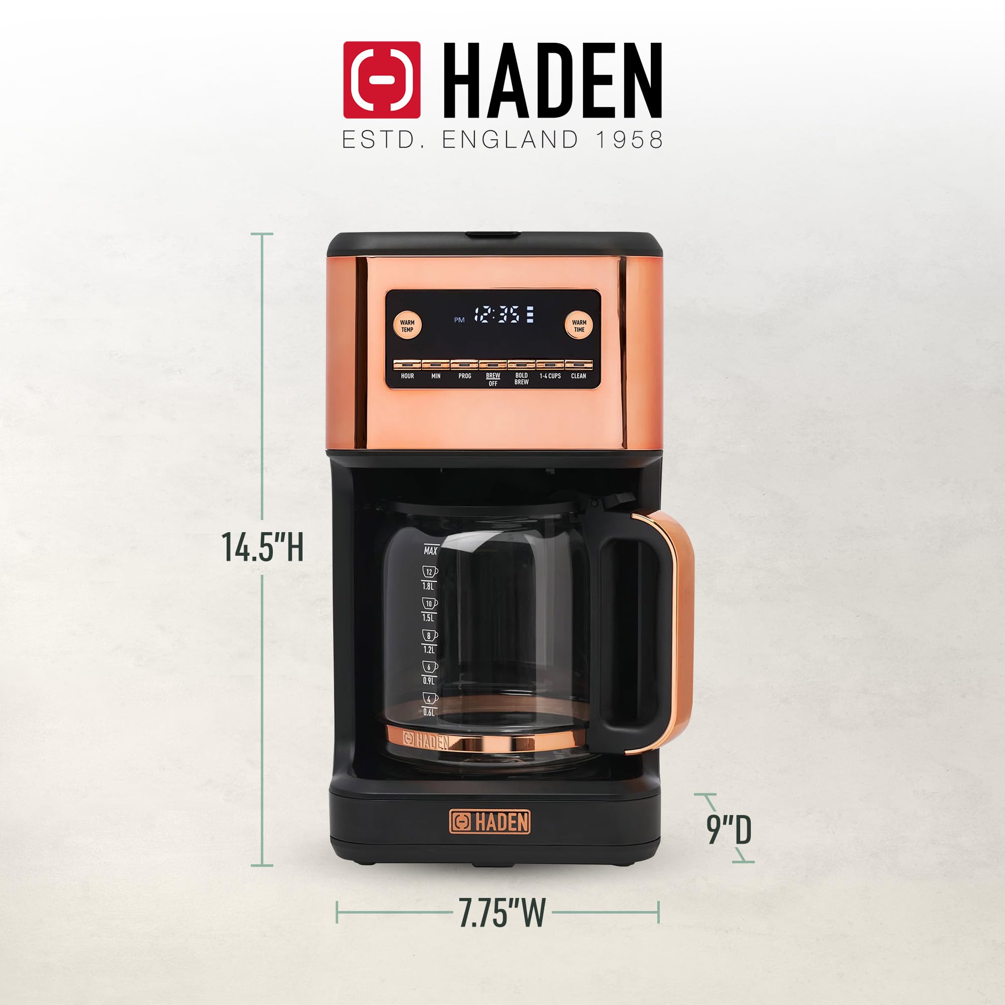 HADEN Generous Brew 14 Cup Coffee Maker with 120 Minute Keep Warm, Delay Brew, Adjustable Strength, Programmable Clock, and Anti Drip, Black/Copper