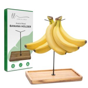 lush & lively banana holder stand | multifunctional acacia wood banana hanger stand for kitchen counter | double-sided banana hook | multi-purpose banana tree | sleek, stable fruit holder