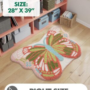 LUMI Area Rug, Shag Ultra-Soft Absorbent Rugs, Washable Non-Slip Backing Cute Carpet, Plush High Pile Floor Mats for Living Room, Kids Room, Bedroom and Nursery Room Decor, 28"x39", Pink Butterfly