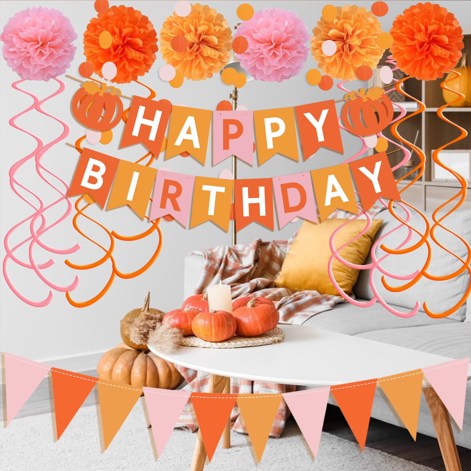 Thanksgiving Birthday Party Decorations Pink and Orange Groovy Party Decorations Pumpkin Happy Birthday Banner Fall Autumn Thanksgiving Harvest Birthday Decorations for Fireplace Mantle Home