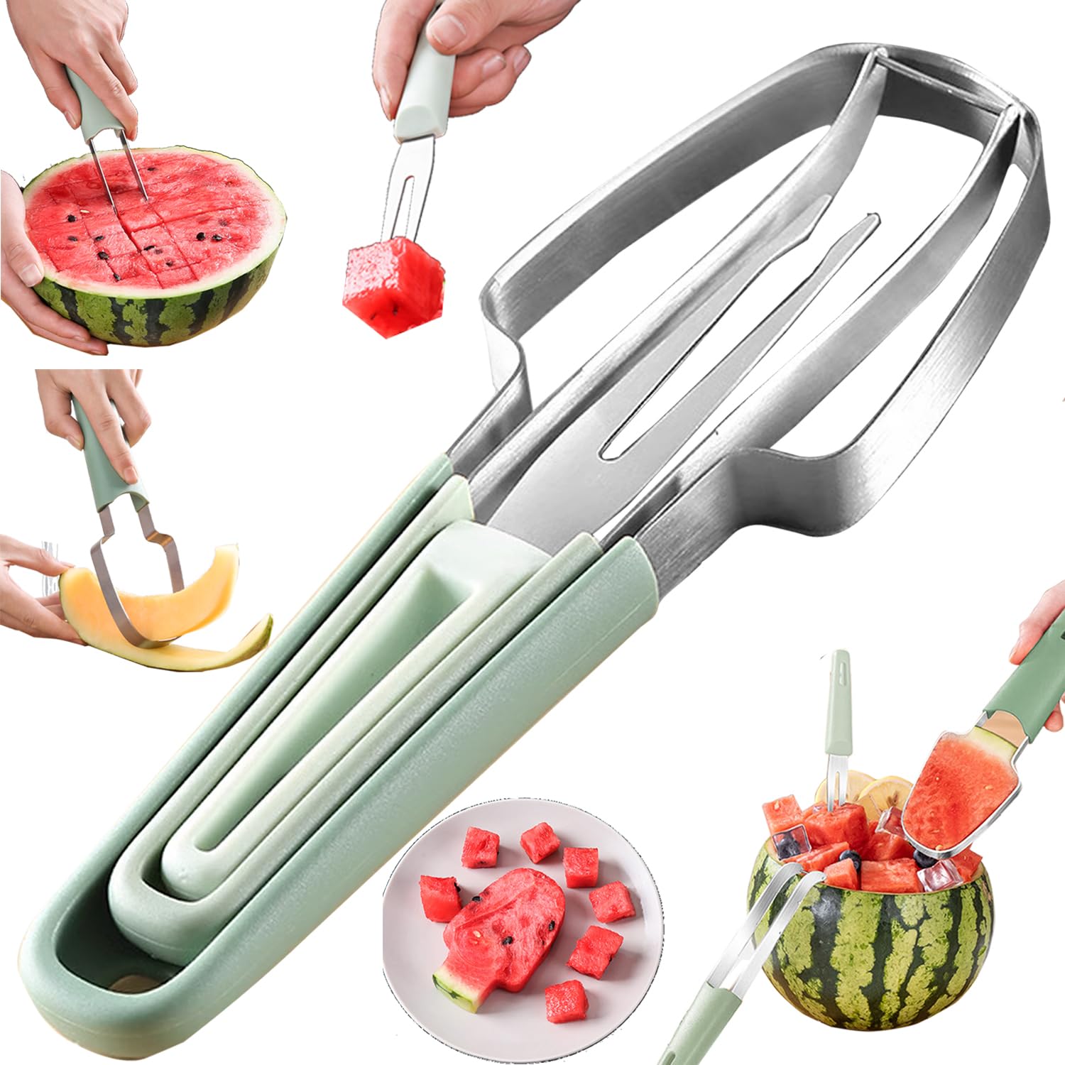 FATUXZ 3-in-1 Watermelon Cutter Slicer Fork, Portable Fruit Slicer Cutter Knife and Watermelon Cube Stainless Steel Popsicle Melon Cutter for Kitchen Gadgets