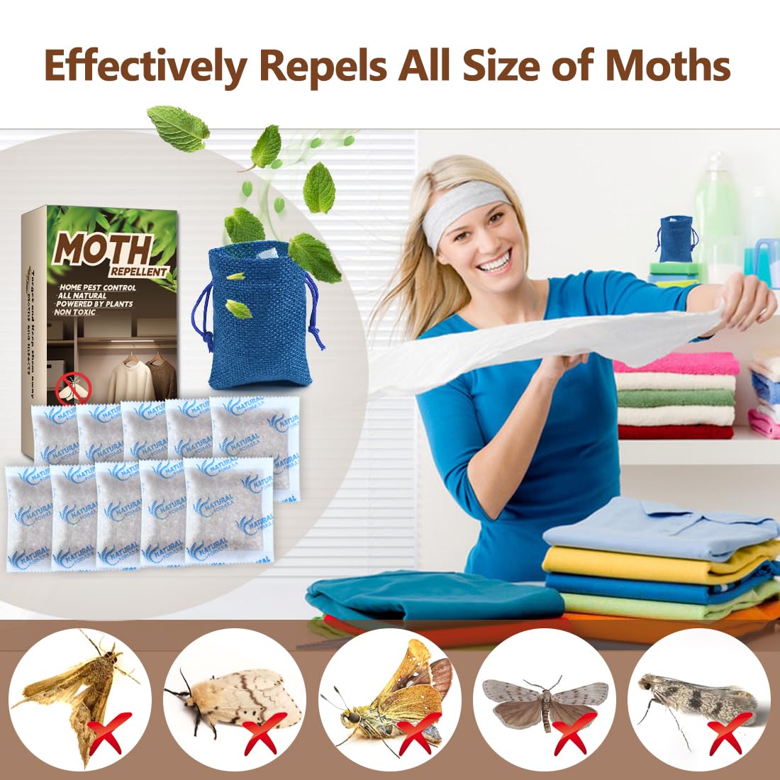 10 Pack Natural Moth Repellent for Clothes Indoor Use, Alternative Moth Balls Moth Traps for Clothes, Peppermint and Thyme Essential Oils Effectively Keep Moths Away from Closet Drawers Woolen Silk