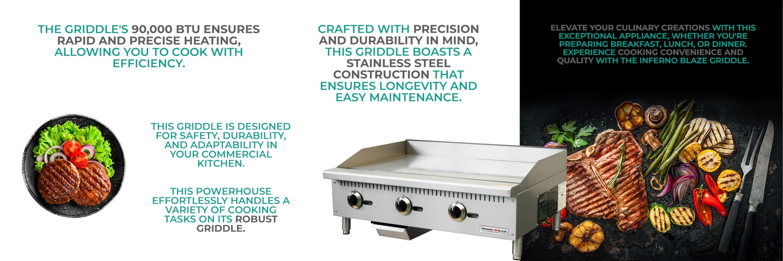 Inferno Blaze IB-CTG-36M 36” Wide Countertop Commercial Griddle with Manual Controls 90,000 BTU - CSA Certified, Stainless Steel Exterior Flat Cooking Griddle - Perfect for Commercial Kitchens