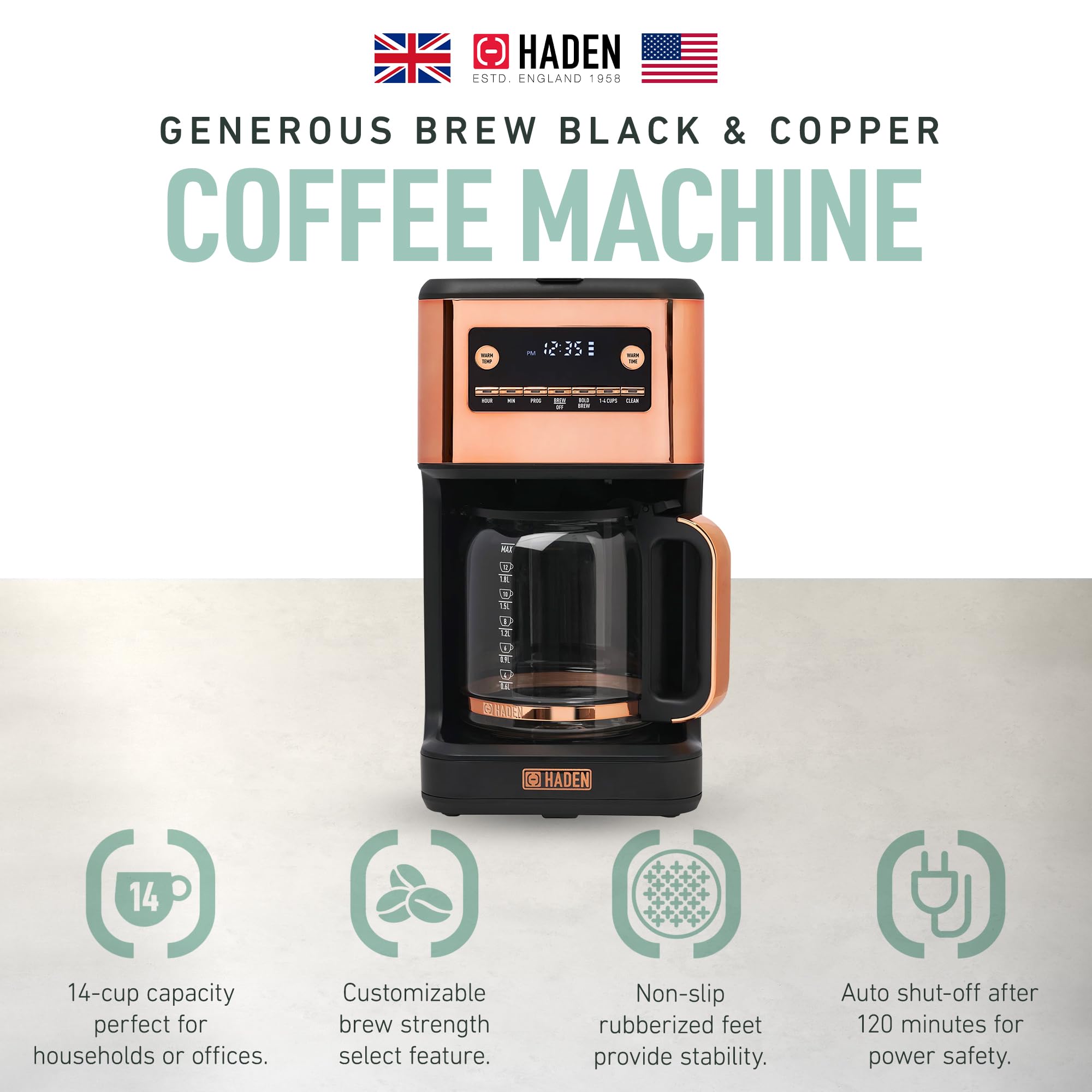 HADEN Generous Brew 14 Cup Coffee Maker with 120 Minute Keep Warm, Delay Brew, Adjustable Strength, Programmable Clock, and Anti Drip, Black/Copper