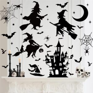 jarthenaamcs halloween wall stickers black witch castle spider bat wall decals removable room mural stickers for home hocus pocus party decor, 11.8 x 13.8 inch, 8 sheets