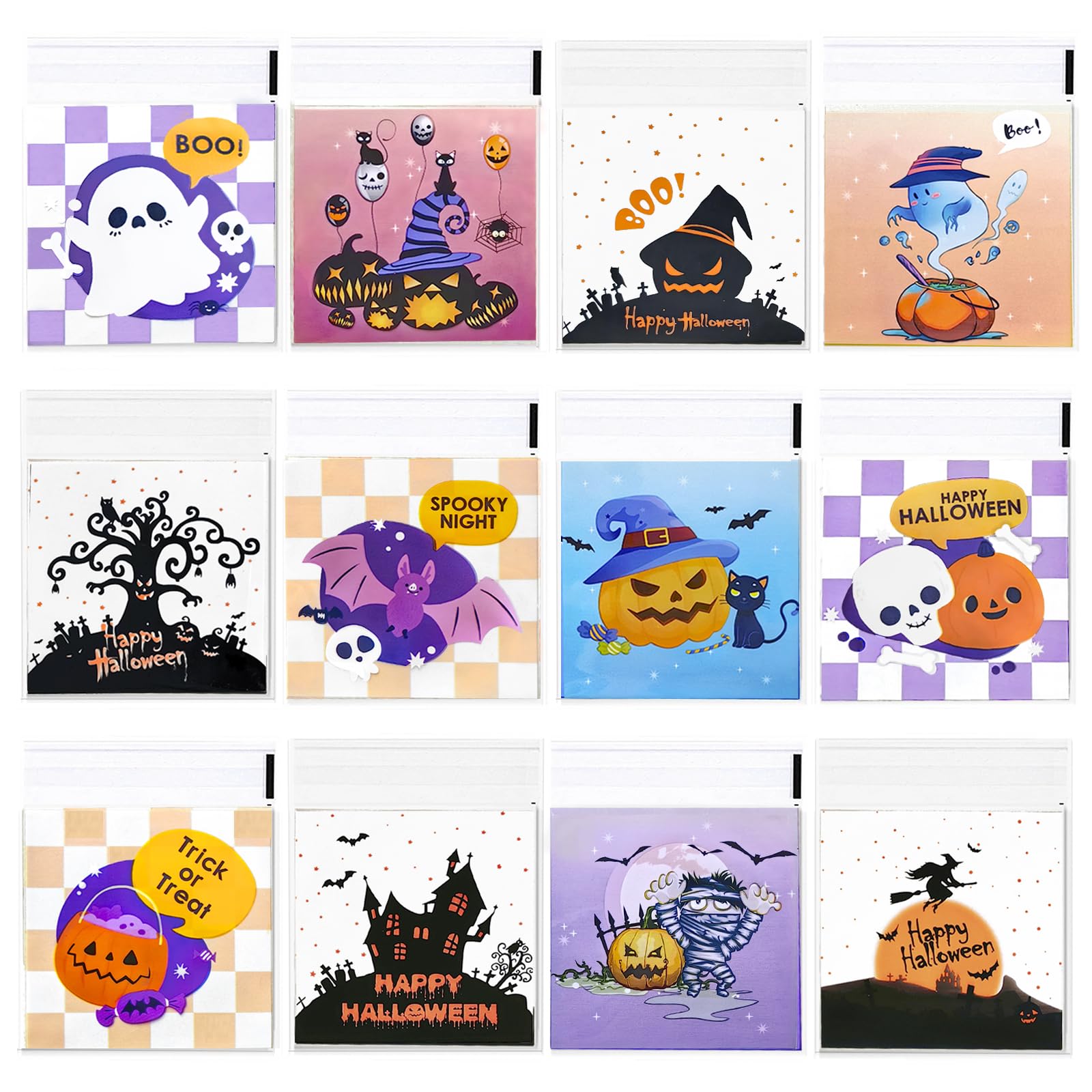 AXYEEUR 550 Pcs Halloween Candy Bags,Halloween Self Adhesive Cookie bags,12 Styles Halloween Clear Cellophane Treat bags for Party Favors Supplies