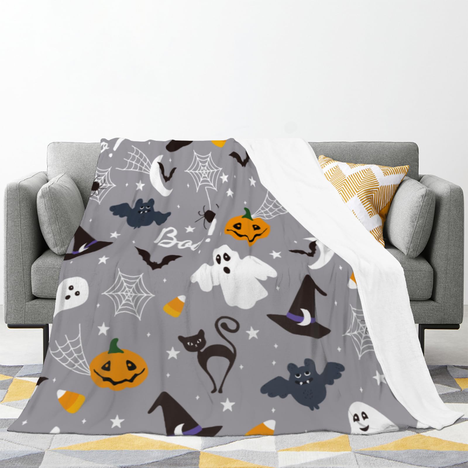 Halloween Throw Blanket Grey Fleece Flannel Fuzzy Bed Throws Soft Cozy Lightweight Blanket for Couch Sofa Travel Chair Cartoon Halloween Festival Themed Room Decor Boys Kids Girl Gifts 50"x60"