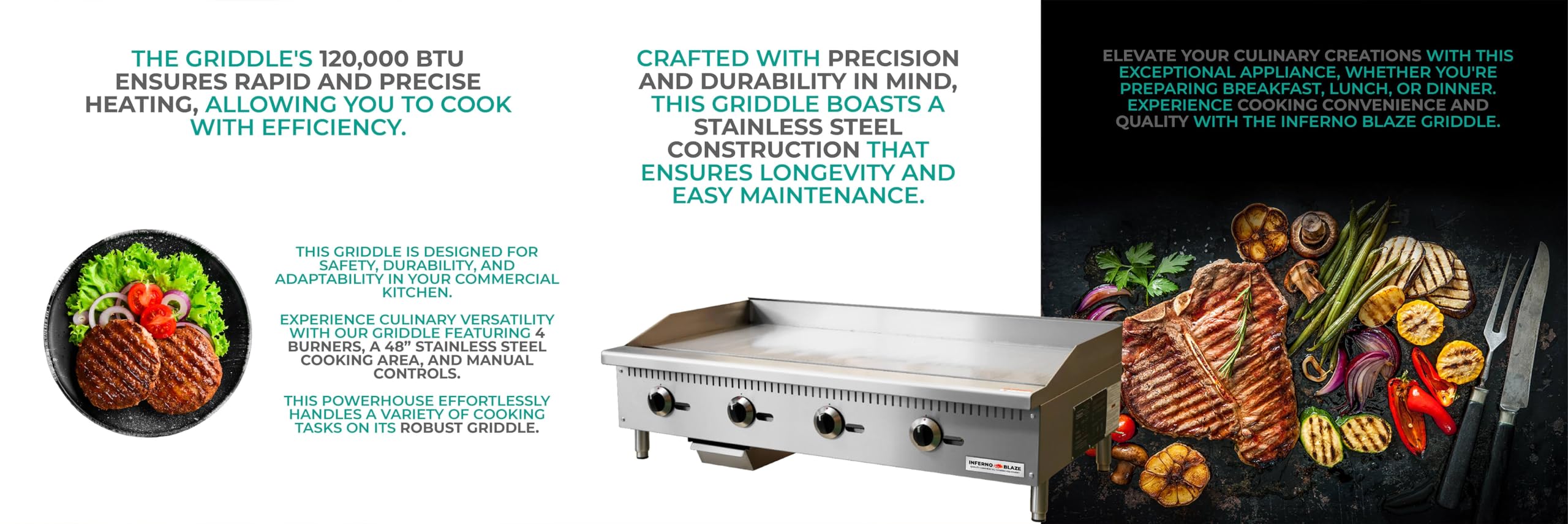 Inferno Blaze IB-CTG-48M 48” Wide Countertop Commercial Griddle with Manual Controls 120,000 BTU - CSA Certified, Stainless Steel Exterior Natural Gas Griddle - Perfect for Commercial Kitchens