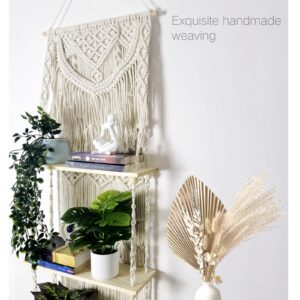 MELLAQUEST Macrame Wall Hanging Shelf - 2 Tier Boho Shelves with Woven Rope Handmade Floating Plant Shelf, Bohemian Home Decor,Shelf Organizer for Kitchen, Living Room，Bedroom，Bathroom(17.7" x 42.5")